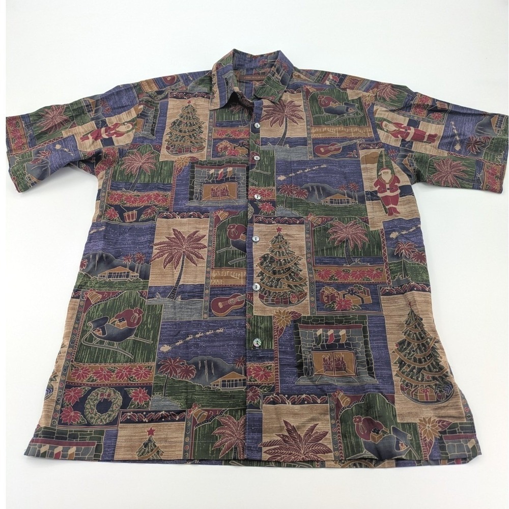 VTG Tori Richard Christmas Hawaiian Shirt Cotton Lawn Santa Palm Tree Patchwork